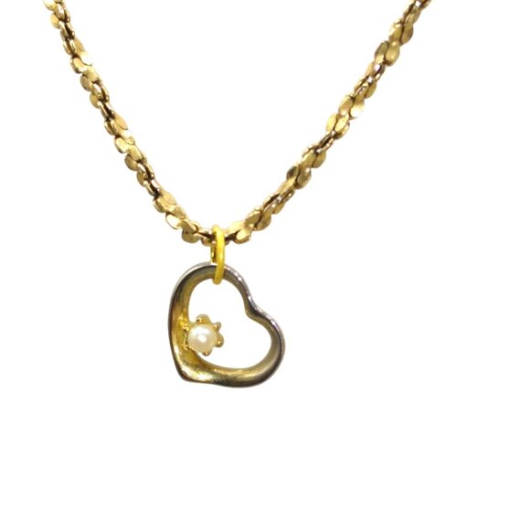 Vintage Open Heart Pendant with Pearl on Gold Tone Sparkly Chain Necklace - Picture 1 of 5